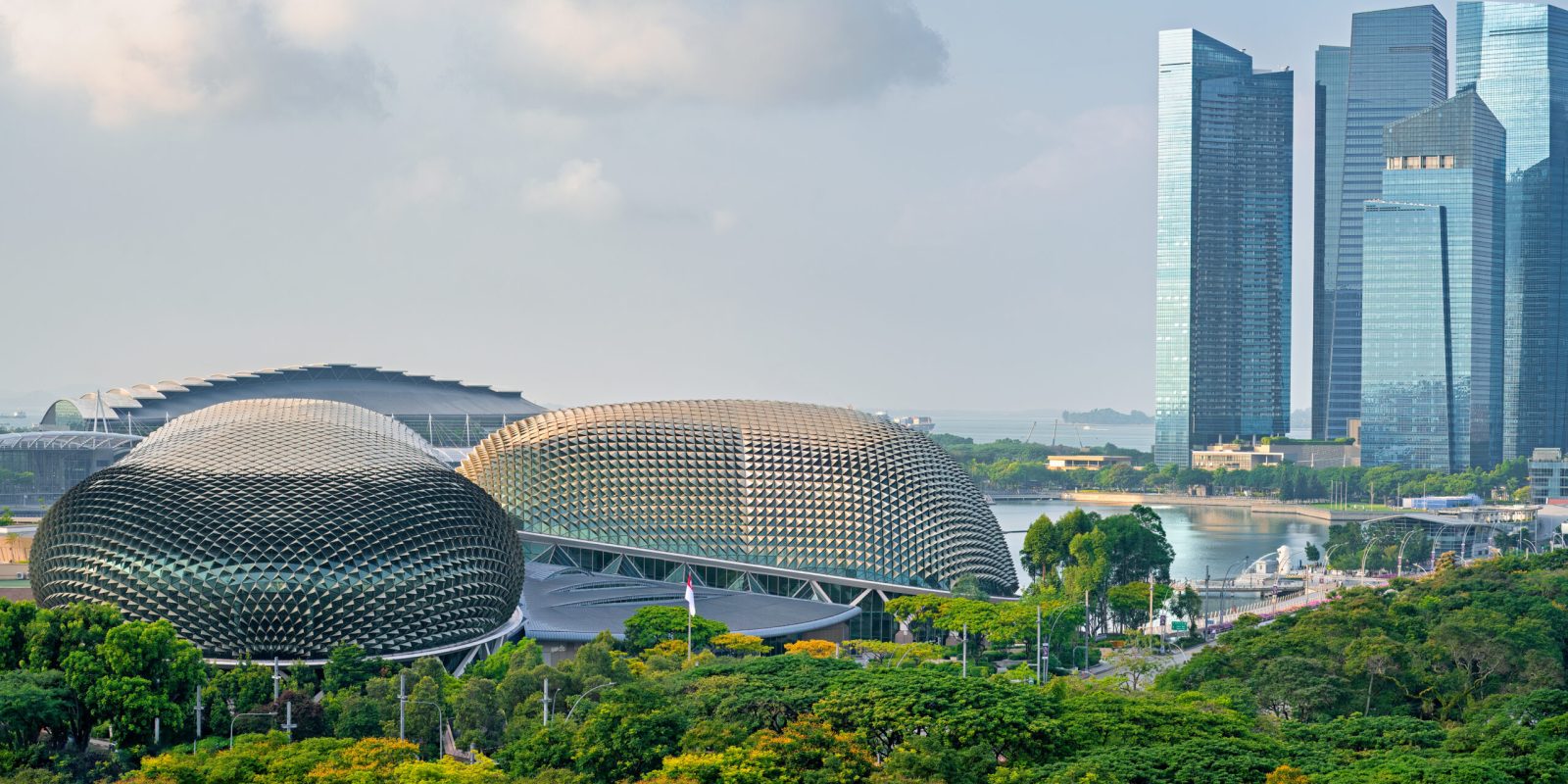 A scenic view of the modern cityscape of Singapore with skyscrapers